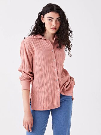 Düz Uzun Kollu Oversize Müslin Kadın Gömlek