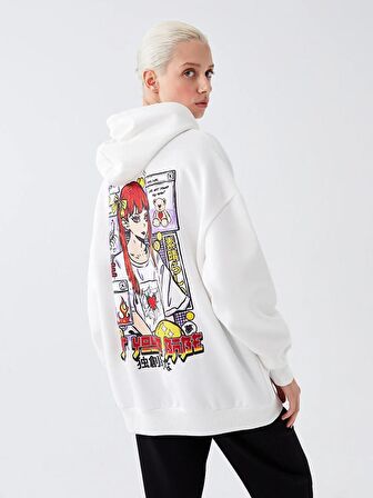 Baskılı Uzun Kollu Oversize Kadın Hoodie