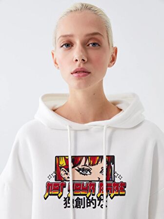 Baskılı Uzun Kollu Oversize Kadın Hoodie