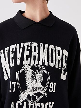 Gömlek Yaka Wednesday Baskılı Uzun Kollu Oversize Kadın Sweatshirt