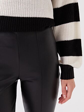 Dar Fit Düz Deri Görünümlü Kadın Pantolon