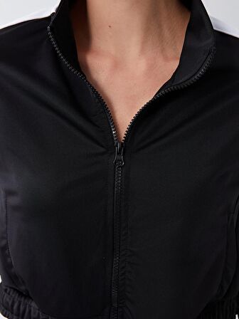 Dik Yaka Renk Bloklu Uzun Kollu Kadın Fermuarlı Sweatshirt