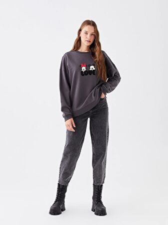 Bisiklet Yaka Disney Baskılı Uzun Kollu Kadın Sweatshirt Anne Kız Kombini