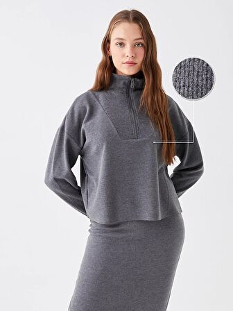 Dik Yaka Düz Uzun Kollu Oversize Kadın Triko Kazak