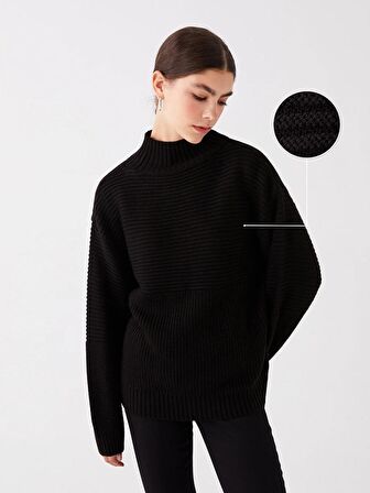 Yarım Balıkçı Yaka Düz Uzun Kollu Oversize Kadın Triko Kazak