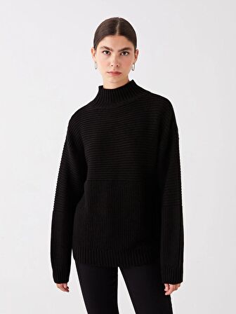 Yarım Balıkçı Yaka Düz Uzun Kollu Oversize Kadın Triko Kazak