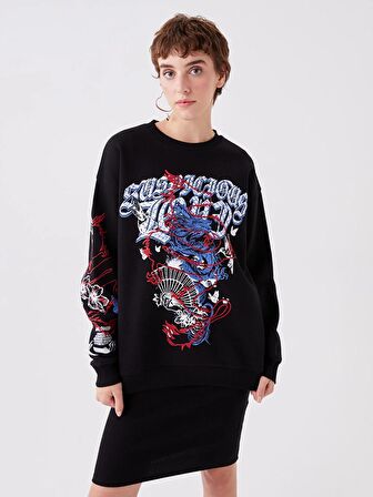 Bisiklet Yaka Baskılı Uzun Kollu Oversize Kadın Sweatshirt