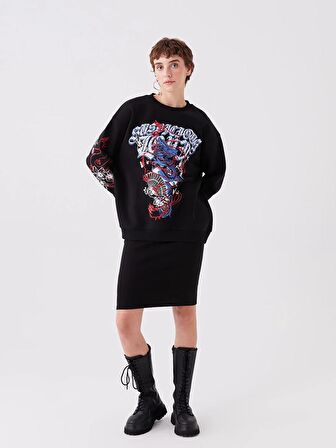 Bisiklet Yaka Baskılı Uzun Kollu Oversize Kadın Sweatshirt