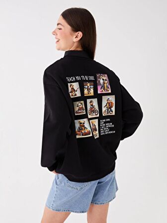 Bisiklet Yaka Baskılı Uzun Kollu Oversize Kadın Sweatshirt