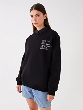 Bisiklet Yaka Baskılı Uzun Kollu Oversize Kadın Sweatshirt