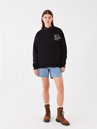 Bisiklet Yaka Baskılı Uzun Kollu Oversize Kadın Sweatshirt