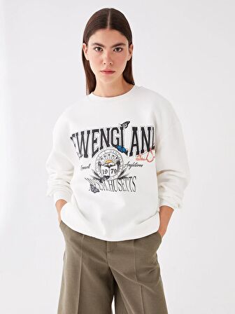 Bisiklet Yaka Baskılı Uzun Kollu Oversize Kadın Sweatshirt