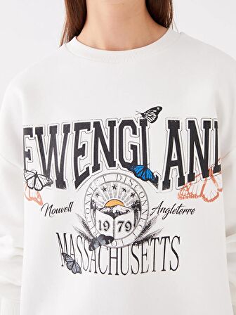 Bisiklet Yaka Baskılı Uzun Kollu Oversize Kadın Sweatshirt