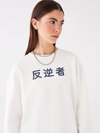 Bisiklet Yaka Baskılı Uzun Kollu Oversize Kadın Sweatshirt