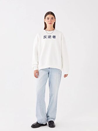 Bisiklet Yaka Baskılı Uzun Kollu Oversize Kadın Sweatshirt