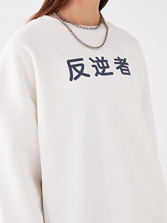 Bisiklet Yaka Baskılı Uzun Kollu Oversize Kadın Sweatshirt