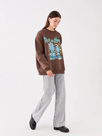 Bisiklet Yaka Rick and Morty Baskılı Uzun Kollu Oversize Kadın Sweatshirt
