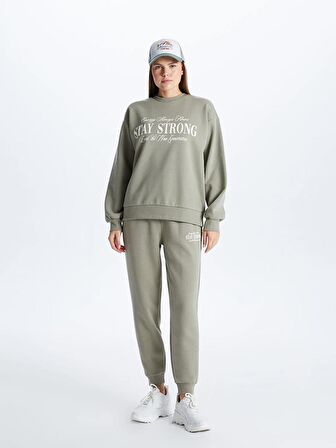 Bisiklet Yaka Baskılı Uzun Kollu Oversize Kadın Sweatshirt