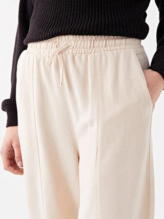 Beli Lastikli Düz Keten Karışımlı Kadın Pantolon