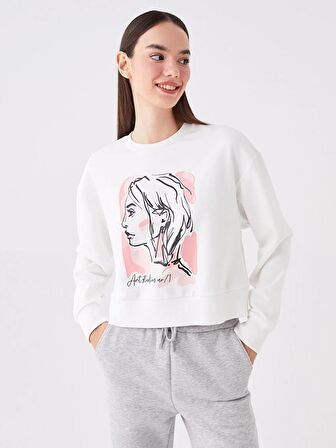 Bisiklet Yaka Baskılı Uzun Kollu Kadın Sweatshirt