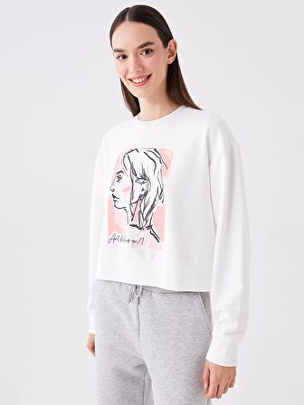 Bisiklet Yaka Baskılı Uzun Kollu Kadın Sweatshirt