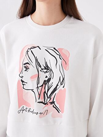 Bisiklet Yaka Baskılı Uzun Kollu Kadın Sweatshirt