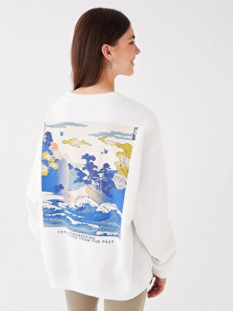 Bisiklet Yaka Baskılı Uzun Kollu Oversize Kadın Sweatshirt