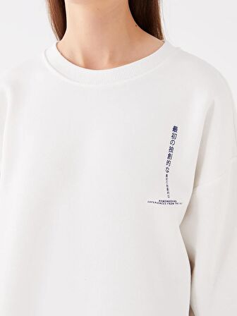 Bisiklet Yaka Baskılı Uzun Kollu Oversize Kadın Sweatshirt