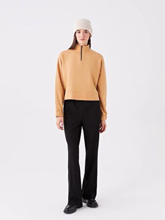 Dik Yaka Düz Uzun Kollu Crop Kadın Sweatshirt