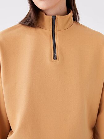 Dik Yaka Düz Uzun Kollu Crop Kadın Sweatshirt