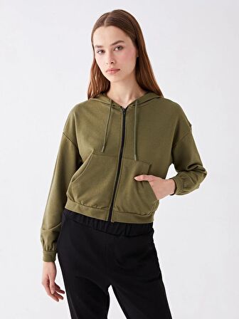 Kapüşonlu Düz Uzun Kollu Kadın Fermuarlı Sweatshirt