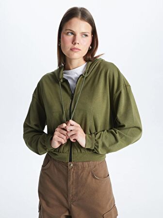 Kapüşonlu Düz Uzun Kollu Kadın Fermuarlı Sweatshirt