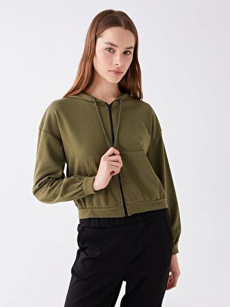 Kapüşonlu Düz Uzun Kollu Kadın Fermuarlı Sweatshirt