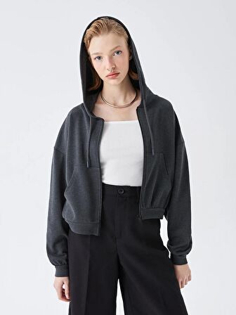 Kapüşonlu Düz Uzun Kollu Kadın Fermuarlı Sweatshirt