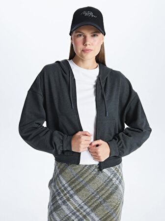 Kapüşonlu Düz Uzun Kollu Kadın Fermuarlı Sweatshirt