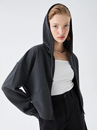 Kapüşonlu Düz Uzun Kollu Kadın Fermuarlı Sweatshirt