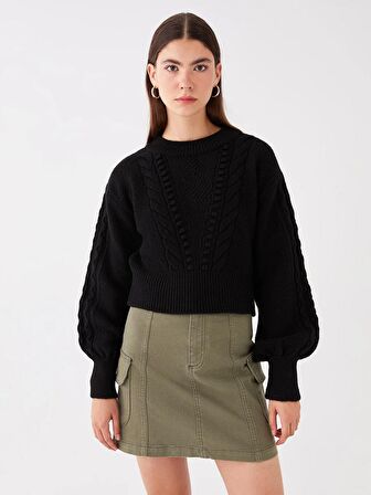 Bisiklet Yaka Kendinden Desenli Uzun Kollu Kadın Triko Kazak