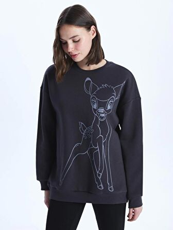 Bisiklet Yaka Bambi Baskılı Uzun Kollu Oversize Kadın Sweatshirt