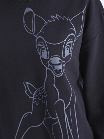 Bisiklet Yaka Bambi Baskılı Uzun Kollu Oversize Kadın Sweatshirt
