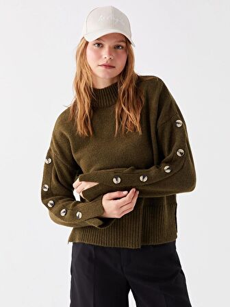 Yarım Balıkçı Yaka Düz Uzun Kollu Oversize Kadın Triko Kazak