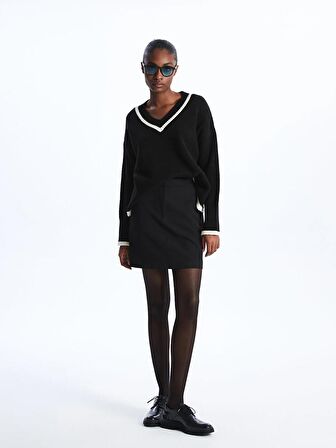 V Yaka Düz Uzun Kollu Oversize Kadın Triko Kazak