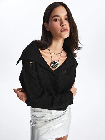 Polo Yaka Ajurlu Uzun Kollu Kadın Triko Kazak