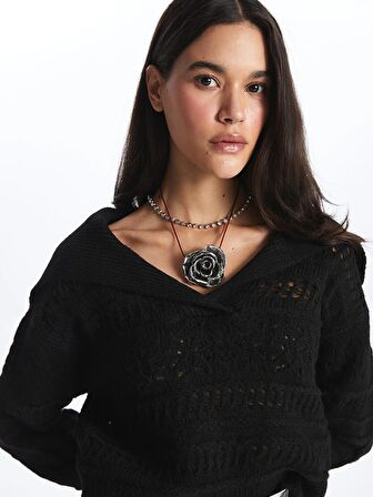 Polo Yaka Ajurlu Uzun Kollu Kadın Triko Kazak