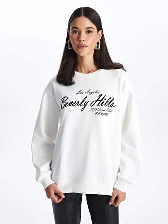 Bisiklet Yaka Baskılı Uzun Kollu Oversize Kadın Sweatshirt