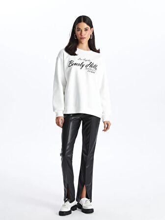 Bisiklet Yaka Baskılı Uzun Kollu Oversize Kadın Sweatshirt