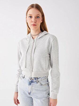 Kapüşonlu Düz Uzun Kollu Crop Kadın Fermuarlı Sweatshirt