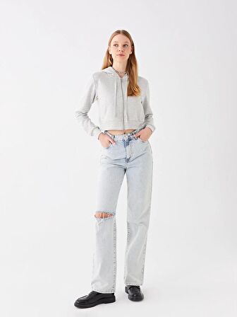 Kapüşonlu Düz Uzun Kollu Crop Kadın Fermuarlı Sweatshirt