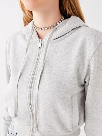 Kapüşonlu Düz Uzun Kollu Crop Kadın Fermuarlı Sweatshirt