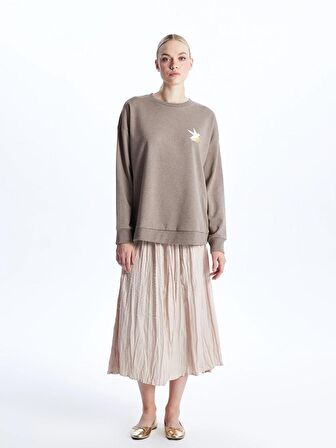 Bisiklet Yaka Baskılı Uzun Kollu Oversize Kadın Sweatshirt
