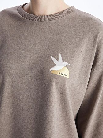 Bisiklet Yaka Baskılı Uzun Kollu Oversize Kadın Sweatshirt